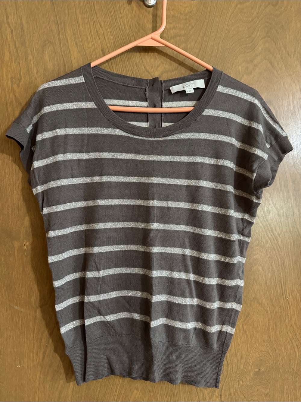 LOFT Taupe and Silver Striped Short Sleeve Knit Top